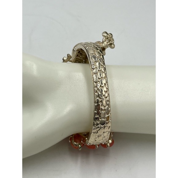 Red Cabachon Beaded Rhinestone Gold Tone Peacock Bangle Bracelet - Picture 7 of 11